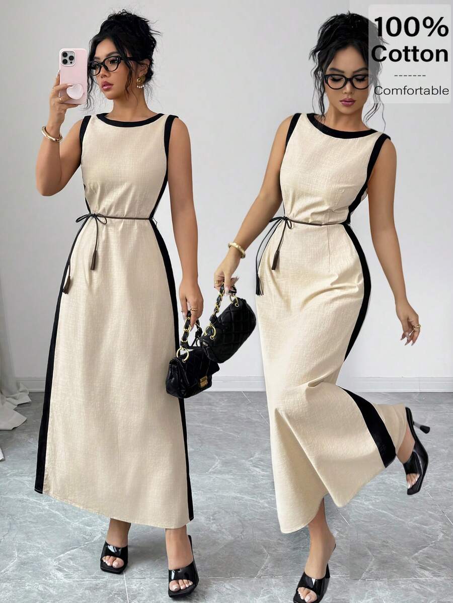 Siren Gaze Women's Contrast Trim Round Neck Twist Front Sleeveless Ankle Length Dress,Black And Beige,Summer,Elegant,Tea Party Casual Fashion Long - Multicolor - View 1