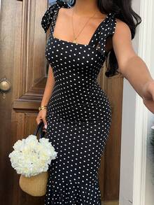 Sunnyshic Women's Black & White Polka Dot Mermaid Hem Tie Bow Maxi Dress, Vacation - Black and White - View 5