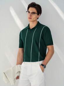 RONVEXI Men's Casual Colorblock Striped Short Sleeve Knit Top, Spring/Summer Men Knit Polo Green Polo For Men Green And White Shirt Green Striped Shirt Golf Shirts For Men Green Mens Clothes Green Polo Shirt Striped Polo Men Knitted Polo Men Deep Green Polo For Men Jersey Shirt For Men Polos For Men Retro Outfit For Men Branded Clothes For Men T Shirt Work Shirt Wonder Polo Shirts For Men - Dark Green - View 6