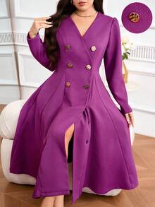 Modelyn Plus Size Elegant Solid Color Double-Breasted Commuter Dress - Hot Pink - View 3