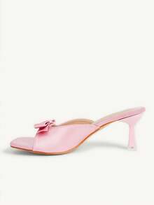 CUCCOO CHICEST French Pink Satin Bow High Heel Slippers Women's Summer Wear Square Heel Sandals - Pink - View 5