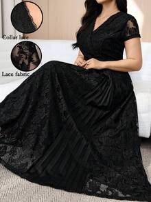 Feyla Vestido elegante de manga corta con cuello en V de unicolor y parches de encaje para tallas grandes - Negro - Ver 3