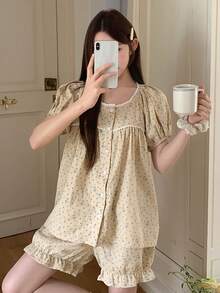 DAZY Summer Sweet Polka Dot Rabbit Print Contrast Trim Women Pajama Set - White - View 8