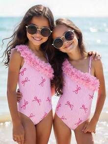 SHEIN Emery Rose Kids 小女孩可爱数码印花粉色蝴蝶结连体泳衣，适合海滩和泳池度假 - 淺粉色 - 查看 5