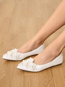 CUCCOO HITCHD 女士25春夏新款3D珍珠尖头浪漫优雅鞋，白色新娘婚鞋 - 白色 - 查看 7