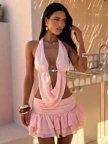 Aloruh Bộ đồ 2 mảnh gợi cảm dành cho nữ, gồm áo croptop buộc dây cổ sau lưng và chân váy mini xòe. - Hồng - Xem 2