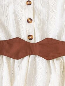SHEIN Tween Girl Summer French Elegant Style Ivory Textured Fabric Petal Sleeve Contrast Waist Belt Asymmetric Hem Dress - Apricot - View 5
