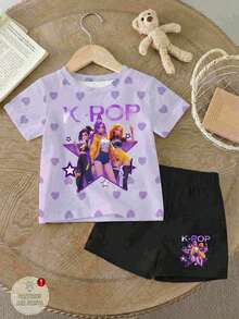 Kleine Mädchen Sommer Lässig Set aus Herz- & Cartoon-Muster Rundhals Kurzarm T-Shirt und Shorts - Verschiedenfarbig - Übersicht 5