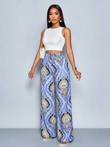 SOLERSUN 春夏女式优雅休闲度假风蓝色碎花印花长裤，松紧腰带配抽绳，直筒裤型 - 藍色 - 查看 5