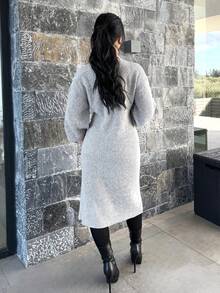 Vassilux 女士纯灰色落肩长袖宽松长款休闲保暖长款开衫，适合秋冬季，灰色休闲装，商务休闲女装，冬装，冬季女士毛衣外套，秋季女装，女士毛衣，返校节，长款开衫，纯色前开宽松针织开衫，休闲长袖长款毛衣，女士服装，长袖上衣 - 灰色 - 查看 2