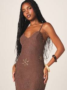 MISSGUIDED Women's Embellished Maxi Dress With Star Rhinestone Beading Pattern Spaghetti Strap Evening Gown Bodycon Formal Party Dress - Coffee Brown - View 4