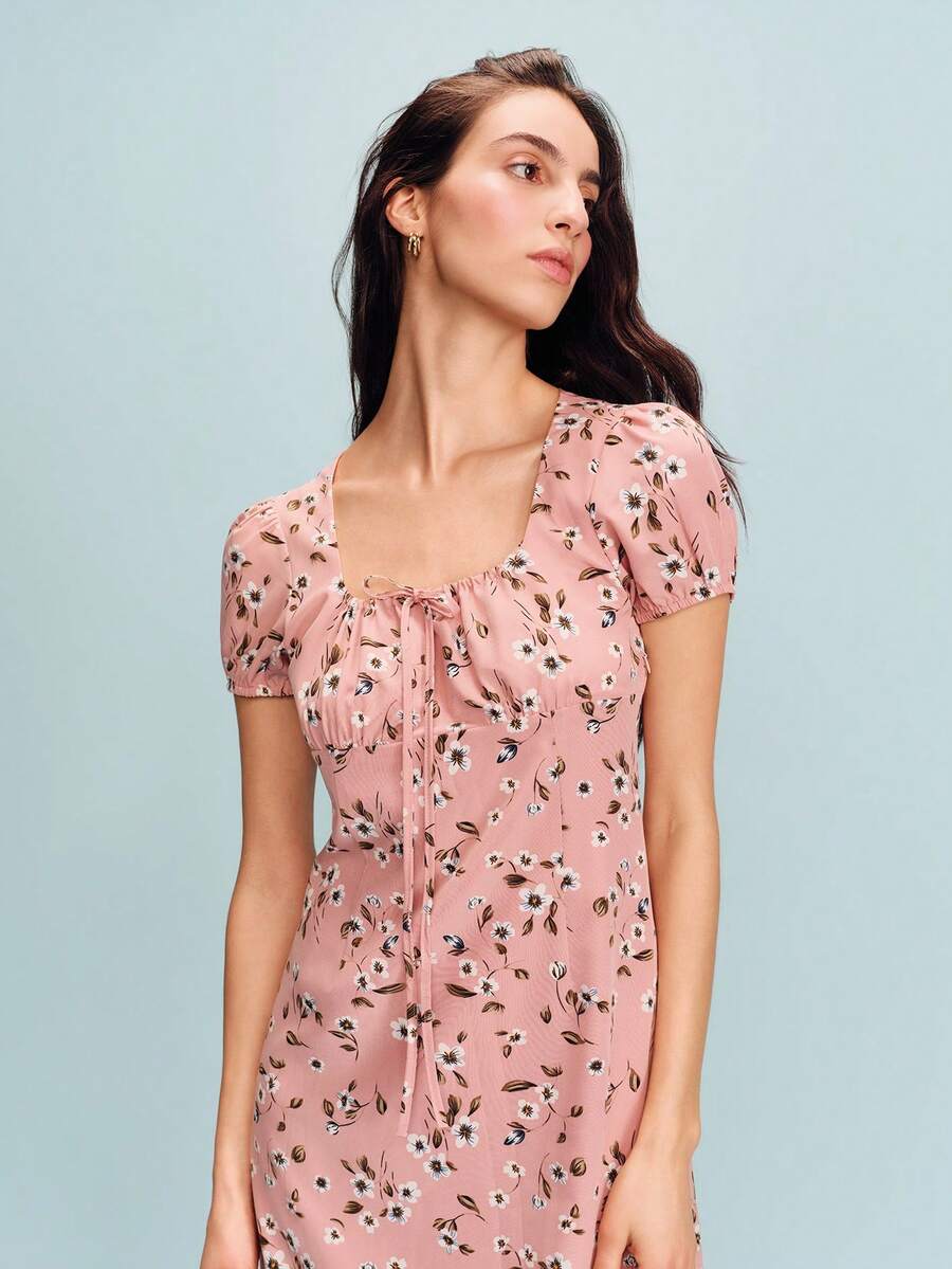 lacRébo Fitted Printed Midi Dress With Ruched Bust - Dusty Pink - View 1