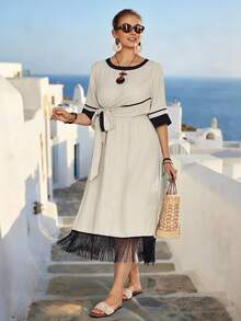 EMERY ROSE Plus Size Casual Dress, Comfortable, Minimalist, Versatile, Elegant, Suitable For Vacation, Party, And Dates - Apricot - View 3