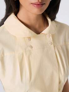 LYSMO Áo sơ mi nữ tay ngắn màu trơn, kiểu dáng thường ngày, thắt eo xoắn, đa năng. - Vàng nhạt - Xem 7