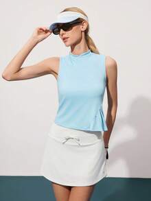 Gameset SHEIN Sport 女士纯色拼接荷叶边高尔夫Polo背心 - 藍色 - 查看 6