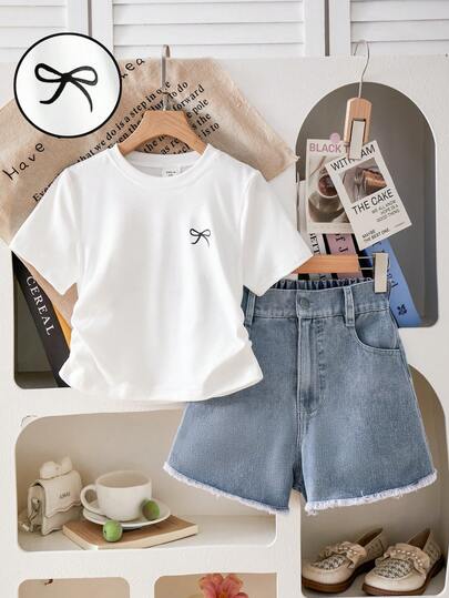 Tween Girls Bow Decor Round Neck Short Sleeve T-Shirt And Denim Shorts Set