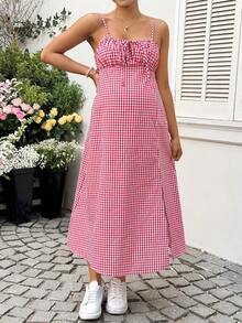 SHEIN 孕妇休闲度假风印花高开衩无袖连衣裙，夏季 - 紅色 - 查看 3