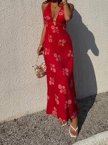 Sunnyshic 女士红色印花深V领露背系带连衣裙，性感浪漫海滩度假风，夏季 - 紅色 - 查看 5