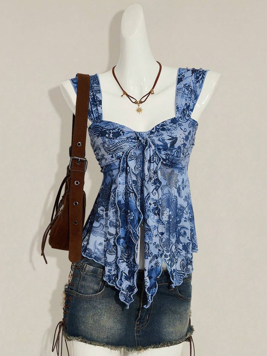 SHEIN ICON 复古印花不对称网纱下摆女式背心 - 藍色 - 查看 1