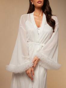 Silquee 毛边腰带缎面睡袍吊带裙睡衣套装/白色睡衣套装，秋冬服装 - 白色 - 查看 4