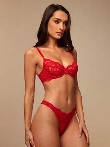Silquee 花卉蕾絲鋼圈內衣套裝 - 紅色 - 查看 6