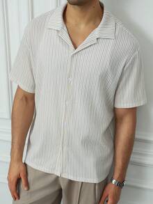 HUEFORM 男士夏季休闲条纹纹理衬衫 - 杏色 - 查看 4