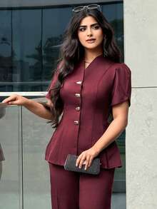 Modelyn 新款立领单排扣收腰A字衬衫搭配高腰直筒裤，优雅职业装两件套 - 酒紅色 - 查看 5