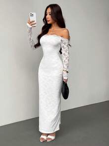SHEIN PETITE Đầm ngắn tay dài trễ vai phối ren dành cho nữ, đầm hè, quần áo mùa xuân. - trắng - Xem 2