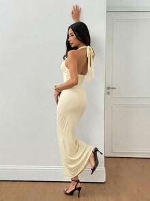 SHEIN PETITE 女士纯色网纱垂褶领优雅约会连衣裙，长款连衣裙，假日装扮，秋冬款 - 杏色 - 查看 2