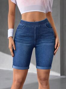 Flexra Dambermudashorts med hög midja och stretchiga skinny jeans - Mediumtvätt - Visa 4