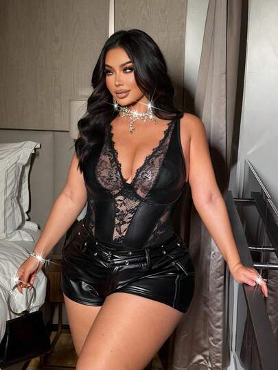 NU&NOW Women's Spring/Summer/Autumn Lace Bodysuit, Romantic French Elegant Luxury Casual Young Fashionable Chic Black Lace Sexy Elastic Knit Waist Slimming Long Sleeve Minimalist Bodysuit, Versatile For Commute And Daily Wear