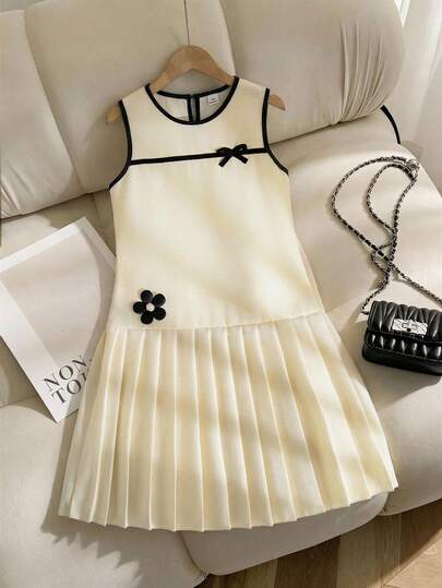 Vestido sin mangas elegante para niña preadolescente con lazo y decoración floral 3D, bajo plisado