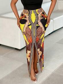 SOLERSUN Plus Size Women's Position-Print Split Pleated Dress For Dates, Vacations And Everyday Wear - Yellow - View 3
