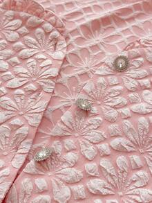 Elenzga Plus Size Women's Spring/Summer French Romantic Sicily Elegant Casual Commute Vacation Afternoon Tea Valentine's Day Party Solid Pink Jacquard Fabric Square Collar Frill Trim Open Front Pearl Button Decor Waist Flare Short Sleeve Blouse Cute Blouses For Women Women Tops Elegant Blouses Square Neck Blouse - Baby Pink - View 7