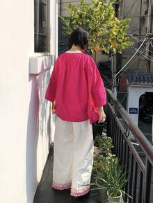 DAZY Women's Loose Ruffled Hem Casual Wide Leg Pants, Korean Style - White - View 2