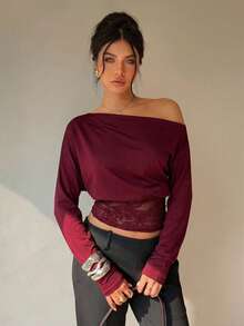 Siren Gaze 女士蕾丝拼接斜肩长袖T恤，秋冬新品 - 酒紅色 - 查看 4