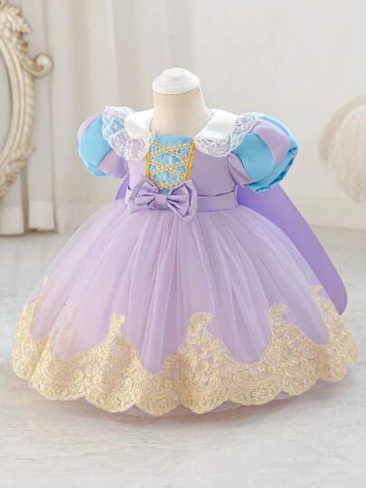 SHEIN Glamorique Kids Baby Girls' Princess Dress, Party Wear, New Year's Dress, Ball Gown, With Cape, Puff Sleeves, Purple Tulle Puffy Skirt, Bow, Lace, Ribbon, Luxurious Formal Dress, Golden Lace, Birthday Party, Holiday Dress