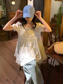 DAZY 女士白色方领荷叶边宽松休闲泡泡袖衬衫，修身显瘦 - 白色 - 查看 6