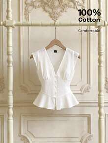 SHEIN MOD Camisa Casual Feminina de Manga Curta com Decote em V e Botões, Primavera/Verão, Fantasia de Carnaval Feminina, Blusas Elegantes para Mulheres, Férias, Estilo Vintage de Corte, Vibes de Dinheiro Antigo, Adequada para Trabalho, Volta às Aulas, Encontros, Festas, Festivais, Férias na Praia, Formatura - Branco - Visão 1