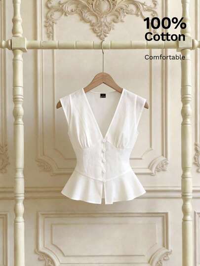 SHEIN MOD Camisa casual de mujer de unicolor con diseño de botones en escote en V y mangas cortas, para primavera/verano, disfraz de carnaval para mujer, blusas elegantes para mujer, vacaciones, estilo vintage de corte, vibra de dinero antiguo, adecuado para el trabajo, vuelta al colegio, citas, fiestas, festivales, vacaciones en la playa, graduación