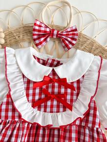 SHEIN 新生女宝宝夏季可爱红白格子草莓图案彼得潘领连体衣，配发带 - 紅色 - 查看 3