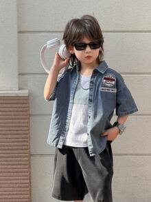 DAZY Young Boy Letter Print Front Button Casual Denim Shirt - Blue - View 3