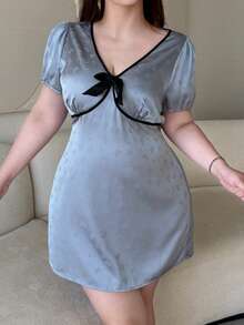 Dazy Plus Plus Size Bow Tie Print Floral Pattern Contrast Color Splice Sexy Short Nightgown Summer - Blue - View 4