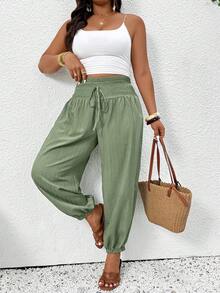 SHEIN Frenchy 大码女式纯色抽绳腰休闲百搭日常运动裤 - 綠色 - 查看 4