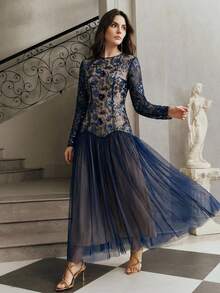 Anewsta 优雅香槟色花卉网纱亮片长袖连衣裙，适合派对、约会、节日、度假等场合穿着。 - 藏蓝色 - 查看 7