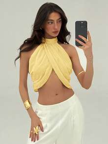Aloruh Chiffon Vacation Casual Fashion Cross Ruched Back Neck Button Elegant Sexy Women Blouse - Yellow - View 6