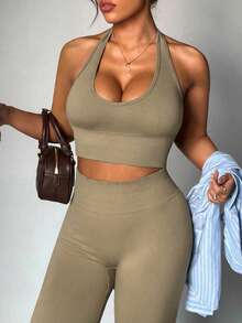 SHEIN Dewbera Set Olahraga Wanita Ukuran Besar: Atasan Tank Top Model Halter Neck Warna Polos dan Legging Pinggang Tinggi - Khaki - View 2