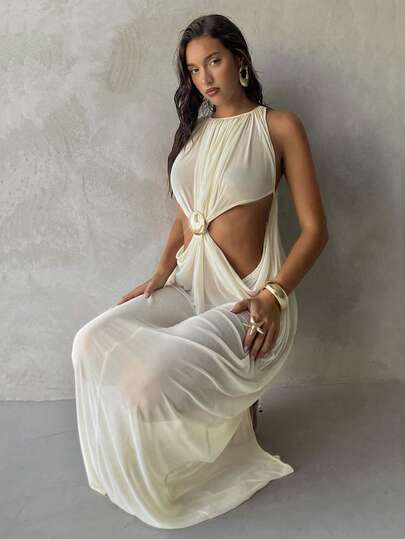 Aloruh Women's Spring/Summer New Apricot Color Cover Up Dress, Long Dress With Drape Design, Metal Decor Button, Elegant Sexy Sheer Beach Dress For Ladies Summer Outfits For Women Beach Outfits For Women Women's Beach Cover-Up Women's Beach Cover Up Beach Outfit For Women Beach Dresses Beach Cover Ups For Women Elegant Women's Beach Cover Up Beach Coverups For Women