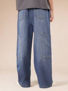 SUMWON Pantalones vaqueros cargo de pierna ancha para niños con bolsillos laterales grandes y ajuste relajado para uso casual diario - Azul lavado oscuro - Ver 2