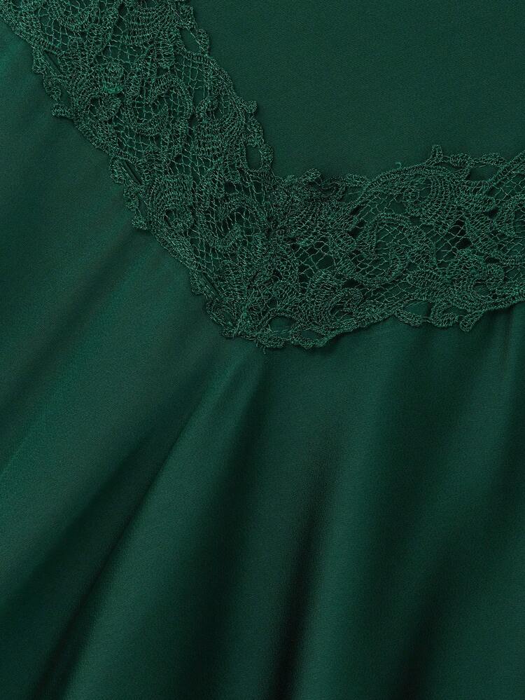 Green Satin Midi Skirt With Lace Insert Detail Elegant Party Evening Autumn Winter
